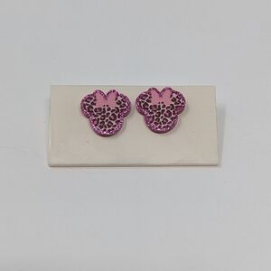 Minnie Mouse head pink glitter leopard print with pink bow stud earrings